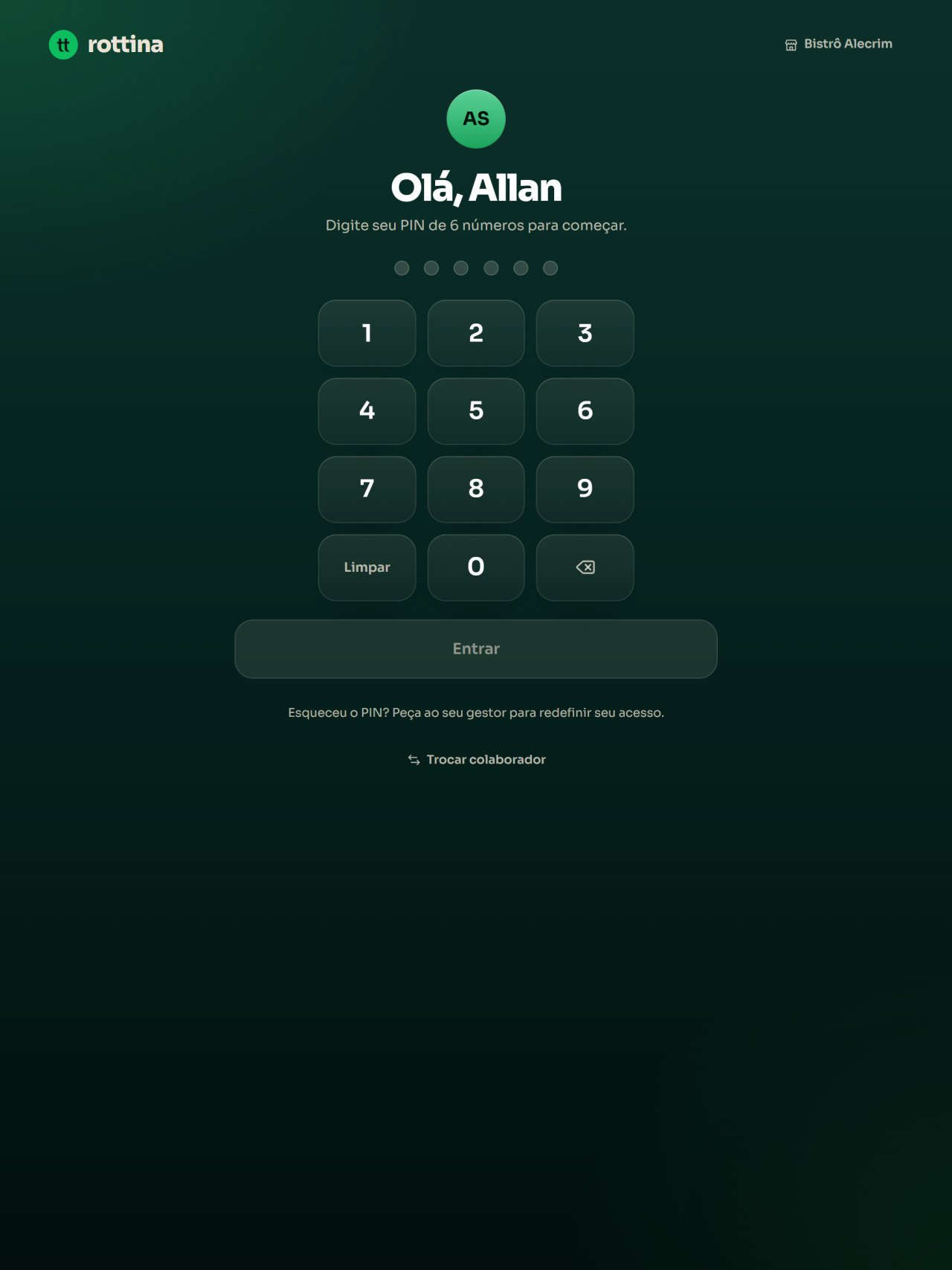 Identificação do colaborador com PIN no tablet