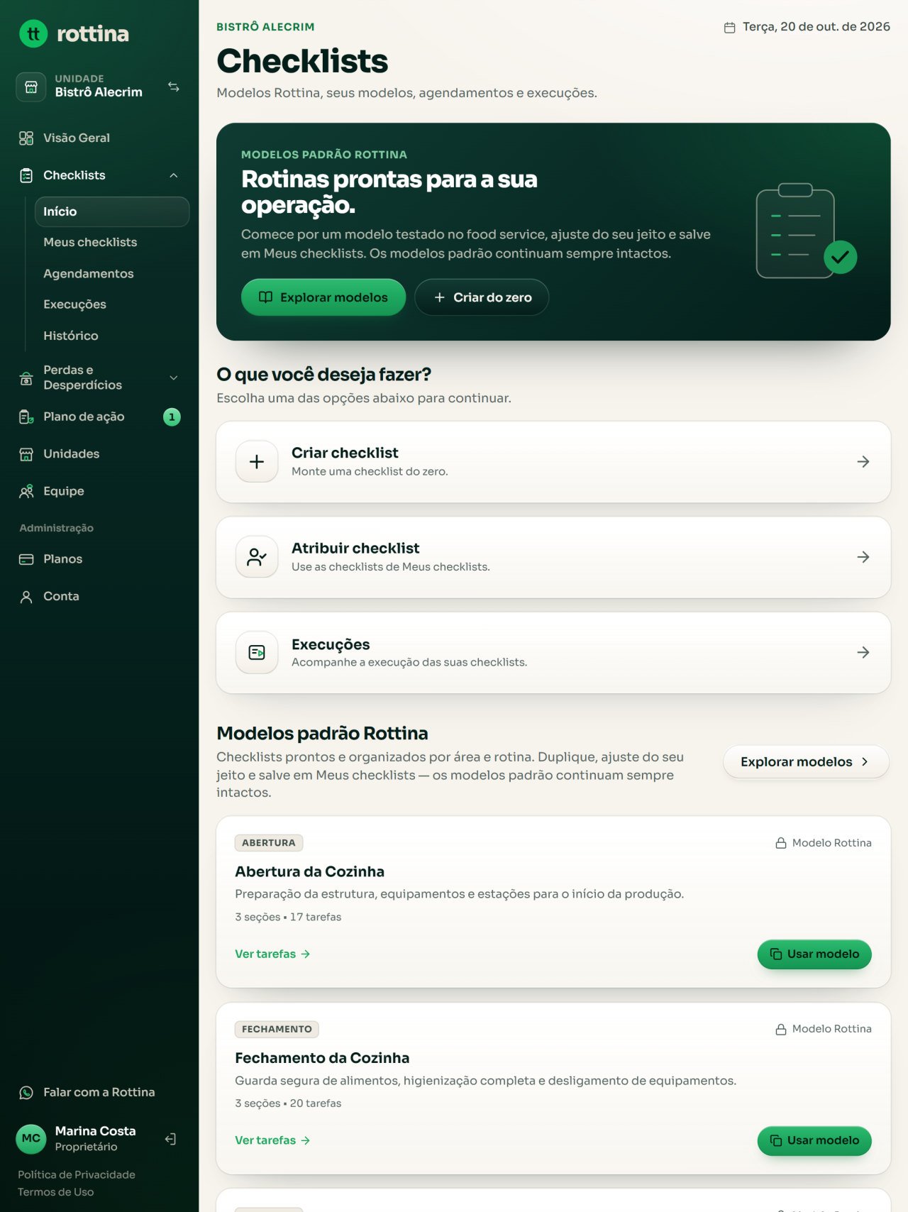 Tela Checklists do Rottina com os modelos padrão: Abertura da Cozinha e Fechamento da Cozinha