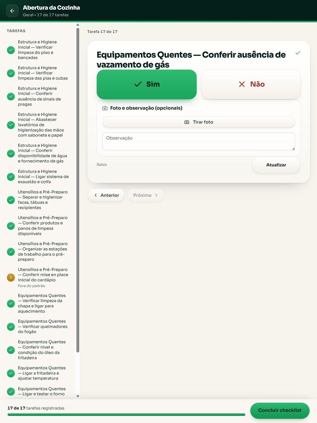 Checklist com 17 de 17 tarefas, pronta para concluir