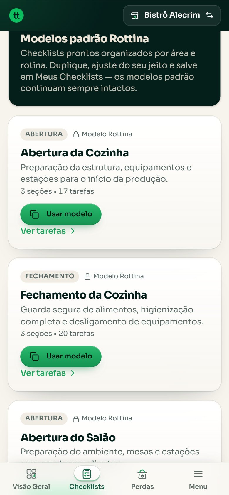 Tela Checklists com modelos padrão Rottina