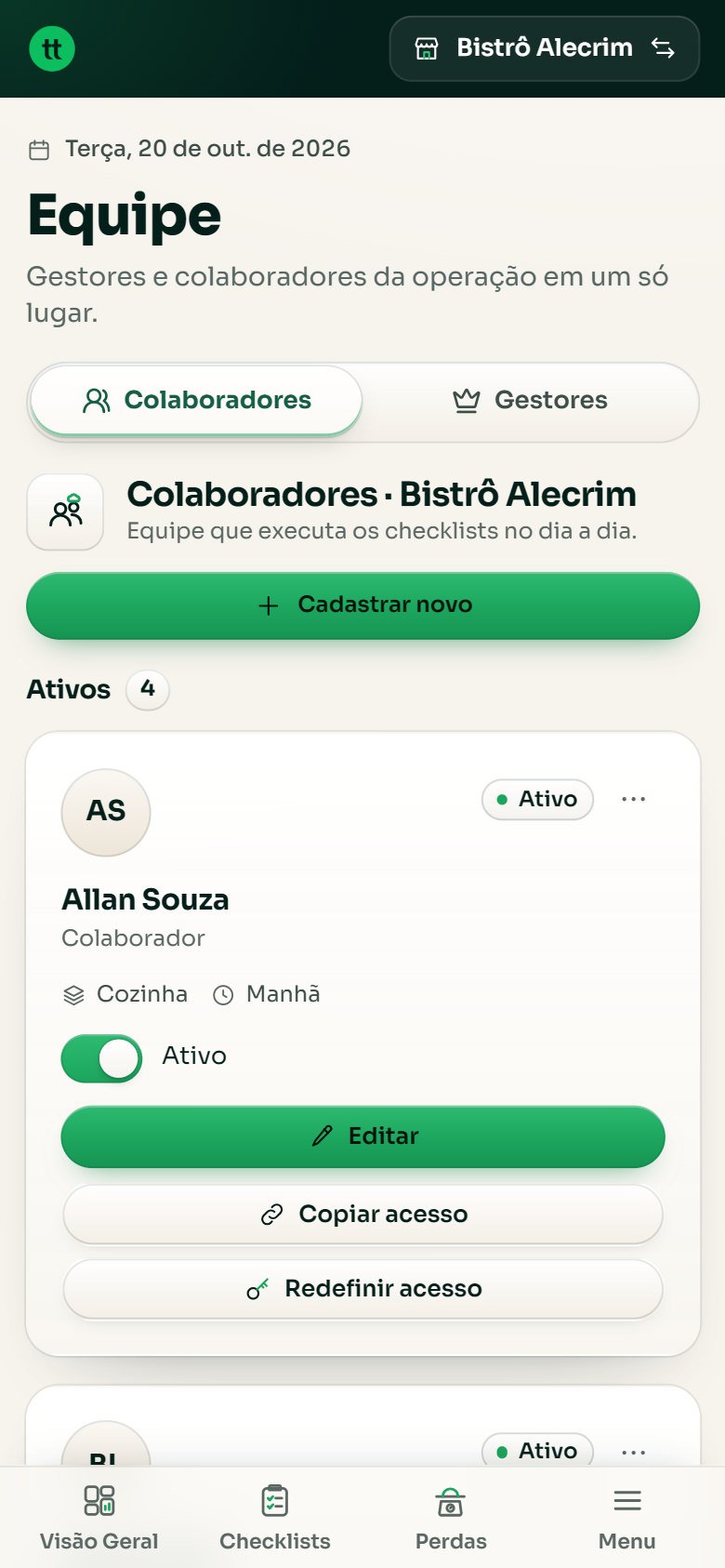 Tela de equipe com colaboradores e gestores