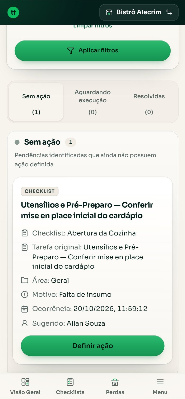 Pendência sem ação: Conferir mise en place inicial do cardápio, motivo falta de insumo